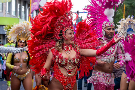 LOULE, PORTUGAL - FEBRUARY 2020: Colorful Carnival (Carnaval) Parade festival participants on Loule city, Portugal.のeditorial素材
