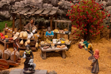 VILA REAL SANTO ANTONIO, PORTUGAL - 28th DECEMBER 2019: Christmas Nativity scene exhibition of many figurines depicting daily life across different business and religious activities.のeditorial素材