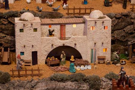 VILA REAL SANTO ANTONIO, PORTUGAL - 28th DECEMBER 2019: Christmas Nativity scene exhibition of many figurines depicting daily life across different business and religious activities.のeditorial素材