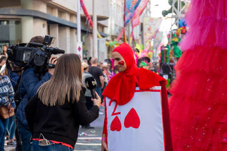 LOULE, PORTUGAL - FEBRUARY 2020: Colorful Carnival (Carnaval) Parade festival participants on Loule city, Portugal.のeditorial素材