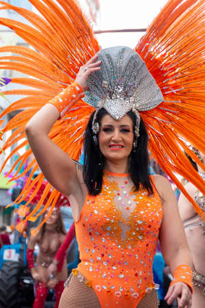 LOULE, PORTUGAL - FEBRUARY 2020: Colorful Carnival (Carnaval) Parade festival participants on Loule city, Portugal.のeditorial素材