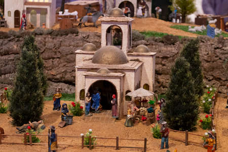 VILA REAL SANTO ANTONIO, PORTUGAL - 28th DECEMBER 2019: Christmas Nativity scene exhibition of many figurines depicting daily life across different business and religious activities.のeditorial素材