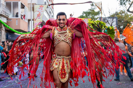 LOULE, PORTUGAL - FEBRUARY 2020: Colorful Carnival (Carnaval) Parade festival participants on Loule...
