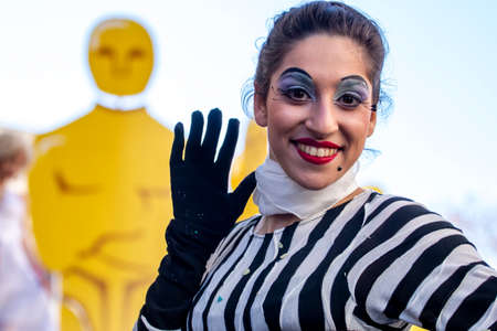 LOULE, PORTUGAL - FEBRUARY 2020: Colorful Carnival (Carnaval) Parade festival participants on Loule city, Portugal.のeditorial素材