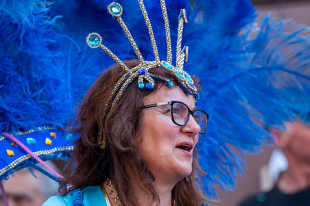 LOULE, PORTUGAL - FEBRUARY 2020: Colorful Carnival (Carnaval) Parade festival participants on Loule...