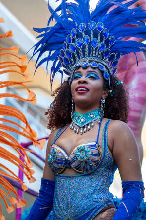 LOULE, PORTUGAL - FEBRUARY 2020: Colorful Carnival (Carnaval) Parade festival participants on Loule city, Portugal.のeditorial素材