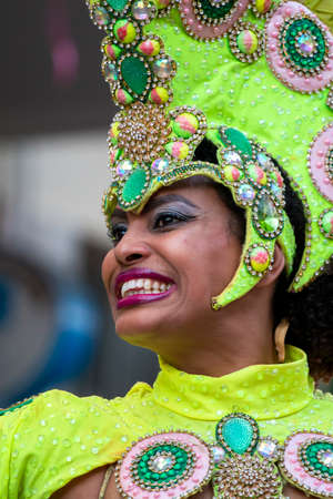 LOULE, PORTUGAL - FEBRUARY 2020: Colorful Carnival (Carnaval) Parade festival participants on Loule city, Portugal.のeditorial素材