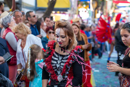 LOULE, PORTUGAL - FEBRUARY 2020: Colorful Carnival (Carnaval) Parade festival participants on Loule city, Portugal.のeditorial素材