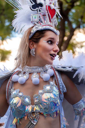 LOULE, PORTUGAL - FEBRUARY 2020: Colorful Carnival (Carnaval) Parade festival participants on Loule...