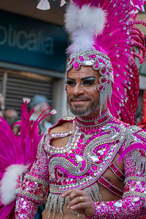 LOULE, PORTUGAL - FEBRUARY 2020: Colorful Carnival (Carnaval) Parade festival participants on Loule city, Portugal.のeditorial素材