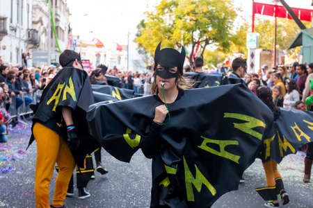 LOULE, PORTUGAL - FEBRUARY 2020: Colorful Carnival (Carnaval) Parade festival participants on Loule city, Portugal.のeditorial素材