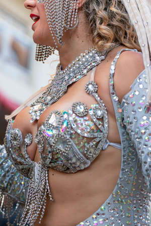 LOULE, PORTUGAL - FEBRUARY 2020: Colorful Carnival (Carnaval) Parade festival participants on Loule city, Portugal.のeditorial素材