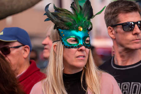 LOULE, PORTUGAL - FEBRUARY 2020: Colorful Carnival (Carnaval) Parade festival participants on Loule city, Portugal.のeditorial素材