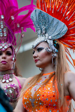 LOULE, PORTUGAL - FEBRUARY 2020: Colorful Carnival (Carnaval) Parade festival participants on Loule city, Portugal.のeditorial素材