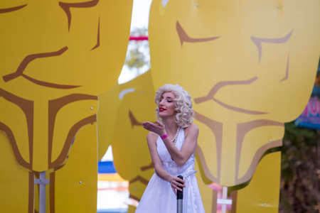 LOULE, PORTUGAL - FEBRUARY 2020: Colorful Carnival (Carnaval) Parade festival participants on Loule city, Portugal.のeditorial素材