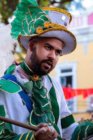 LOULE, PORTUGAL - FEBRUARY 2020: Colorful Carnival (Carnaval) Parade festival participants on Loule city, Portugal.のeditorial素材