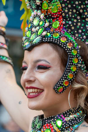 LOULE, PORTUGAL - FEBRUARY 2020: Colorful Carnival (Carnaval) Parade festival participants on Loule...