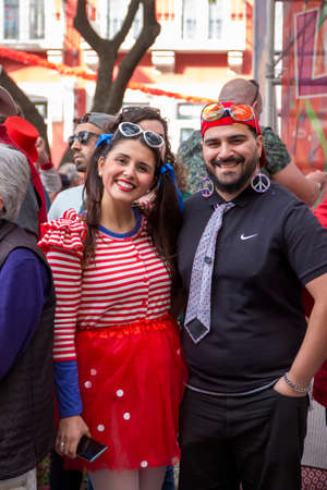 LOULE, PORTUGAL - FEBRUARY 2020: Colorful Carnival (Carnaval) Parade festival participants on Loule city, Portugal.のeditorial素材