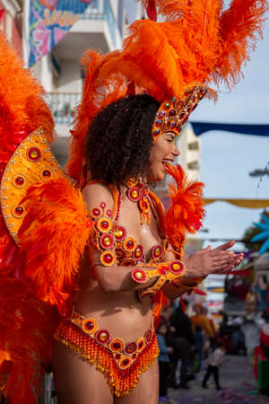 LOULE, PORTUGAL - FEBRUARY 2020: Colorful Carnival (Carnaval) Parade festival participants on Loule...