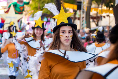 LOULE, PORTUGAL - FEBRUARY 2020: Colorful Carnival (Carnaval) Parade festival participants on Loule city, Portugal.のeditorial素材
