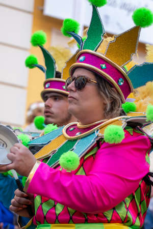 LOULE, PORTUGAL - FEBRUARY 2020: Colorful Carnival (Carnaval) Parade festival participants on Loule...
