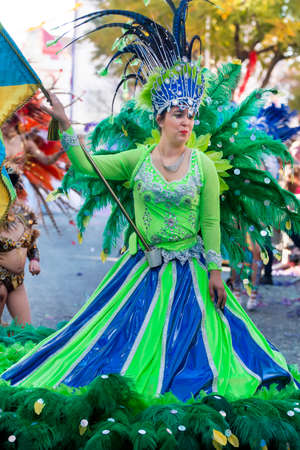 LOULE, PORTUGAL - FEBRUARY 2020: Colorful Carnival (Carnaval) Parade festival participants on Loule...
