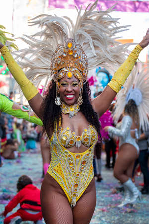 LOULE, PORTUGAL - FEBRUARY 2020: Colorful Carnival (Carnaval) Parade festival participants on Loule...