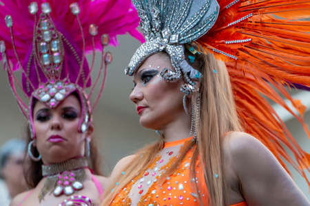 LOULE, PORTUGAL - FEBRUARY 2020: Colorful Carnival (Carnaval) Parade festival participants on Loule...