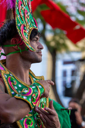 LOULE, PORTUGAL - FEBRUARY 2020: Colorful Carnival (Carnaval) Parade festival participants on Loule city, Portugal.のeditorial素材