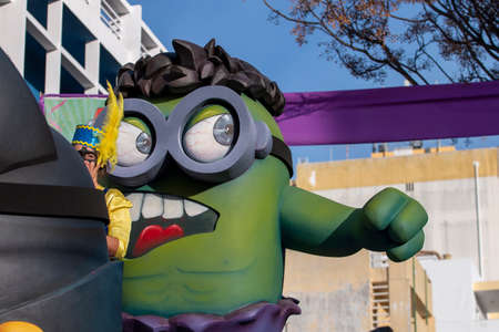 LOULE, PORTUGAL - FEBRUARY 2020: Colorful Carnival (Carnaval) Parade festival participants on Loule city, Portugal.のeditorial素材