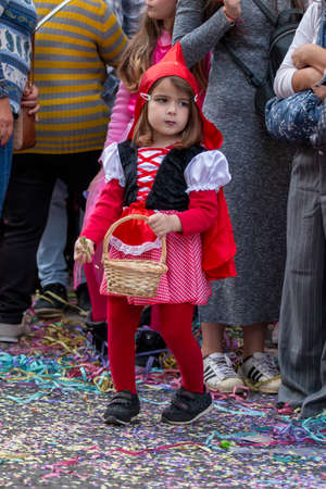 LOULE, PORTUGAL - FEBRUARY 2020: Colorful Carnival (Carnaval) Parade festival participants on Loule city, Portugal.のeditorial素材
