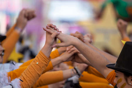 LOULE, PORTUGAL - FEBRUARY 2020: Colorful Carnival (Carnaval) Parade festival participants on Loule city, Portugal.のeditorial素材