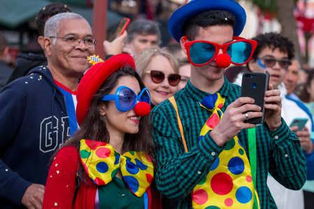 LOULE, PORTUGAL - FEBRUARY 2020: Colorful Carnival (Carnaval) Parade festival participants on Loule...