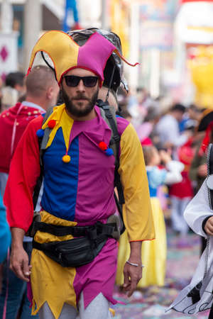 LOULE, PORTUGAL - FEBRUARY 2020: Colorful Carnival (Carnaval) Parade festival participants on Loule city, Portugal.のeditorial素材