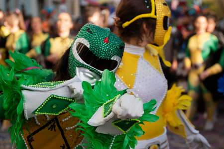 LOULE, PORTUGAL - FEBRUARY 2020: Colorful Carnival (Carnaval) Parade festival participants on Loule city, Portugal.のeditorial素材