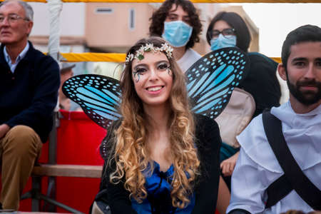 LOULE, PORTUGAL - FEBRUARY 2020: Colorful Carnival (Carnaval) Parade festival participants on Loule city, Portugal.のeditorial素材