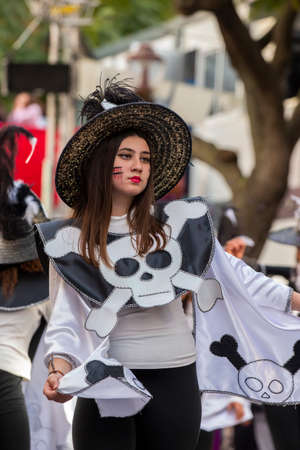 LOULE, PORTUGAL - FEBRUARY 2020: Colorful Carnival (Carnaval) Parade festival participants on Loule city, Portugal.のeditorial素材