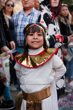 LOULE, PORTUGAL - FEBRUARY 2020: Colorful Carnival (Carnaval) Parade festival participants on Loule city, Portugal.のeditorial素材