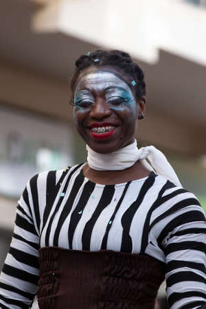 LOULE, PORTUGAL - FEBRUARY 2020: Colorful Carnival (Carnaval) Parade festival participants on Loule city, Portugal.のeditorial素材
