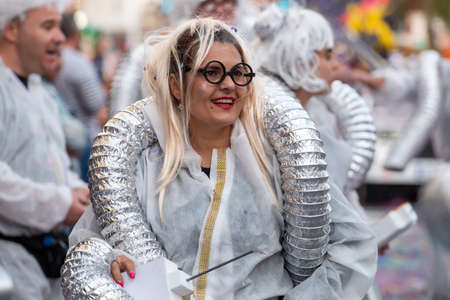 LOULE, PORTUGAL - FEBRUARY 2020: Colorful Carnival (Carnaval) Parade festival participants on Loule city, Portugal.のeditorial素材