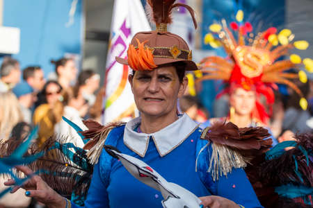 LOULE, PORTUGAL - FEBRUARY 2020: Colorful Carnival (Carnaval) Parade festival participants on Loule...