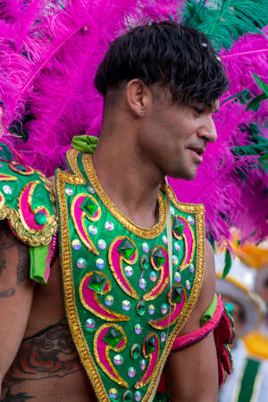 LOULE, PORTUGAL - FEBRUARY 2020: Colorful Carnival (Carnaval) Parade festival participants on Loule city, Portugal.のeditorial素材