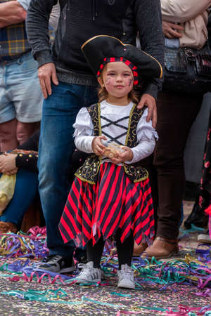 LOULE, PORTUGAL - FEBRUARY 2020: Colorful Carnival (Carnaval) Parade festival participants on Loule city, Portugal.のeditorial素材