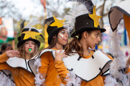 LOULE, PORTUGAL - FEBRUARY 2020: Colorful Carnival (Carnaval) Parade festival participants on Loule city, Portugal.のeditorial素材