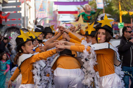 LOULE, PORTUGAL - FEBRUARY 2020: Colorful Carnival (Carnaval) Parade festival participants on Loule city, Portugal.のeditorial素材