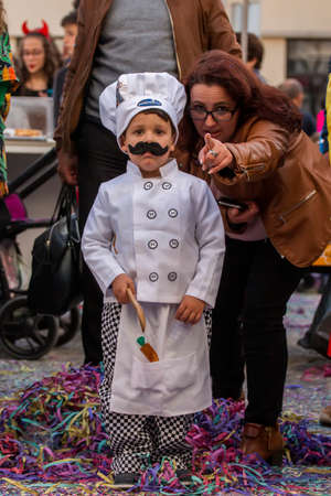 LOULE, PORTUGAL - FEBRUARY 2020: Colorful Carnival (Carnaval) Parade festival participants on Loule city, Portugal.のeditorial素材