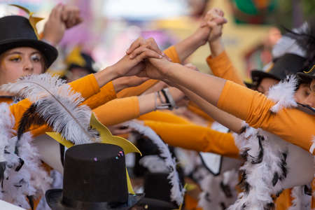 LOULE, PORTUGAL - FEBRUARY 2020: Colorful Carnival (Carnaval) Parade festival participants on Loule...