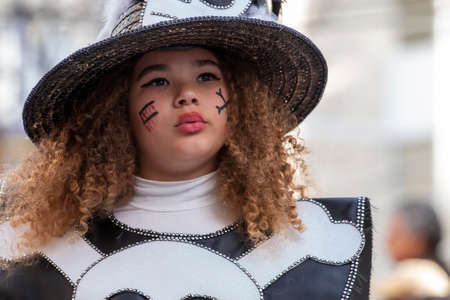 LOULE, PORTUGAL - FEBRUARY 2020: Colorful Carnival (Carnaval) Parade festival participants on Loule city, Portugal.のeditorial素材