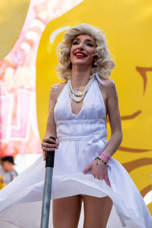LOULE, PORTUGAL - FEBRUARY 2020: Colorful Carnival (Carnaval) Parade festival participants on Loule city, Portugal.のeditorial素材
