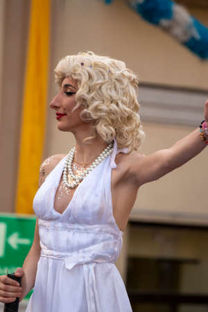 LOULE, PORTUGAL - FEBRUARY 2020: Colorful Carnival (Carnaval) Parade festival participants on Loule city, Portugal.のeditorial素材